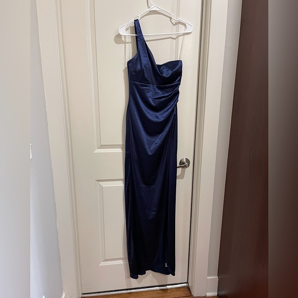 Elegant Sheath One Shoulder Navy Blue Satin Long Prom Dresses Party Dress Summer 21st Birthday Outfits 18th Birthday Dresses DH498